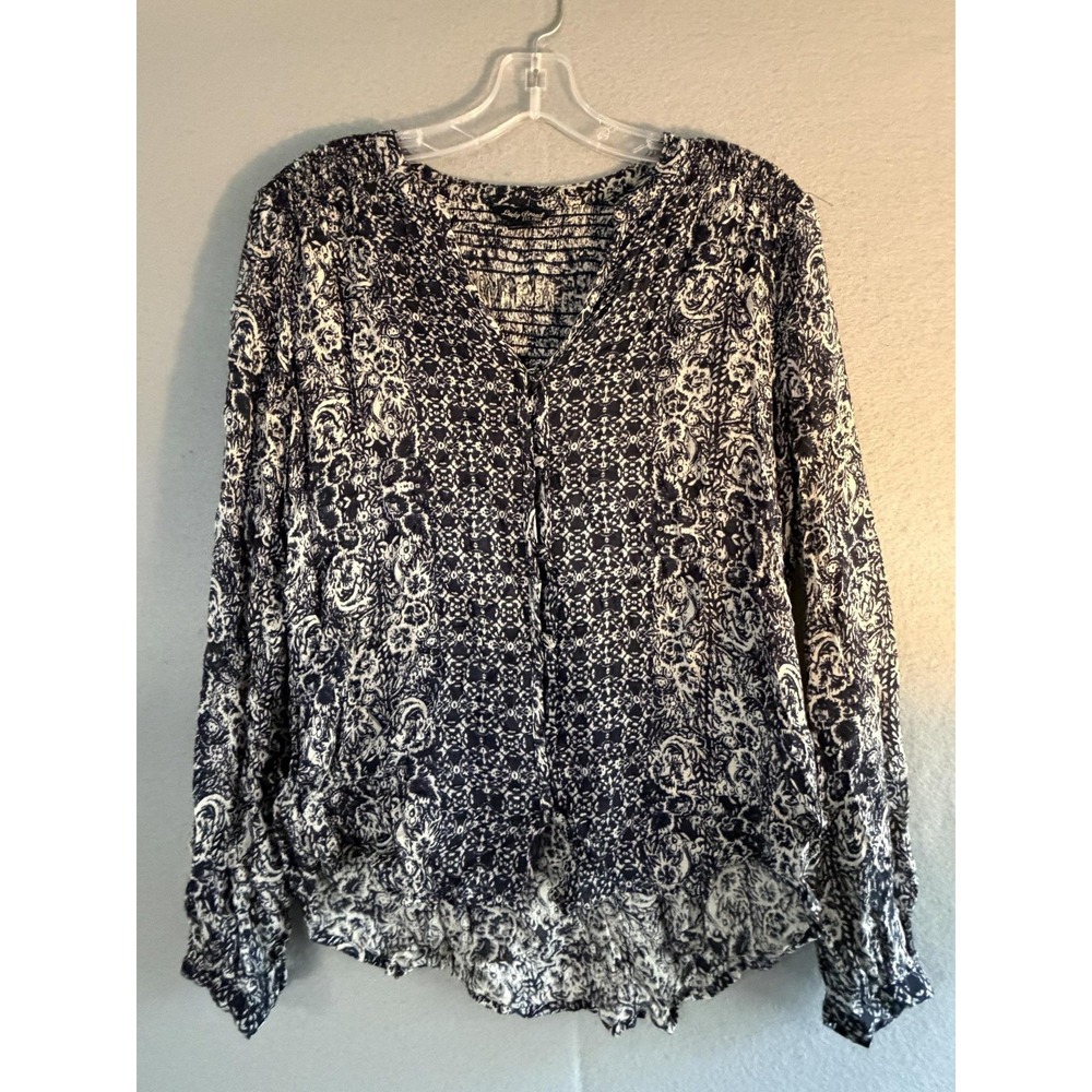 Lucky Brand Blouse Womens S Blue Paisley Smocked Henley Tunic Top Boho